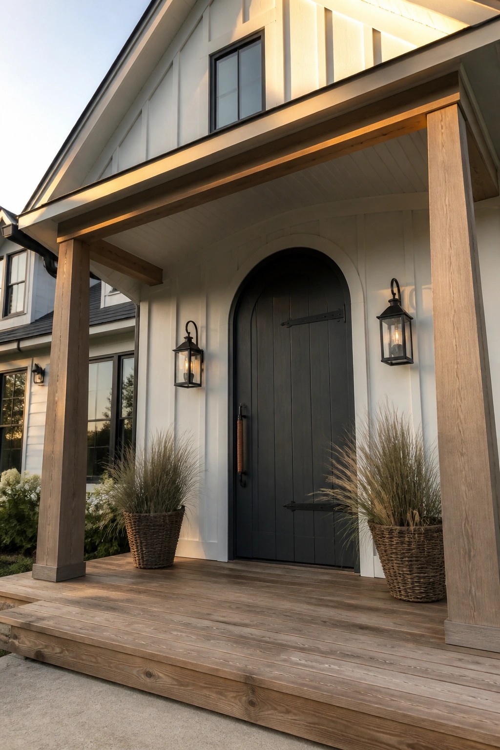 A front porch with white siding, a large dark arched door, two wall lanterns, wooden support posts, and two potted grasses on the deck.