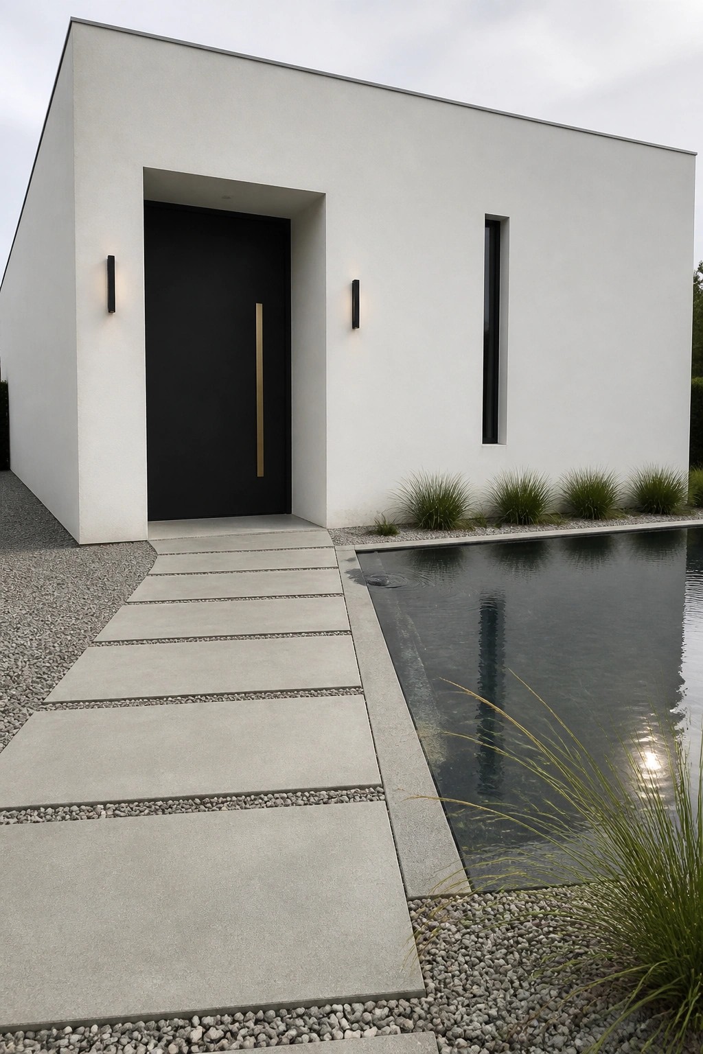 A modern white house exterior with a large black front door featuring a tall vertical gold handle, flanked by wall sconces and a narrow vertical window, with a concrete path and pool nearby.