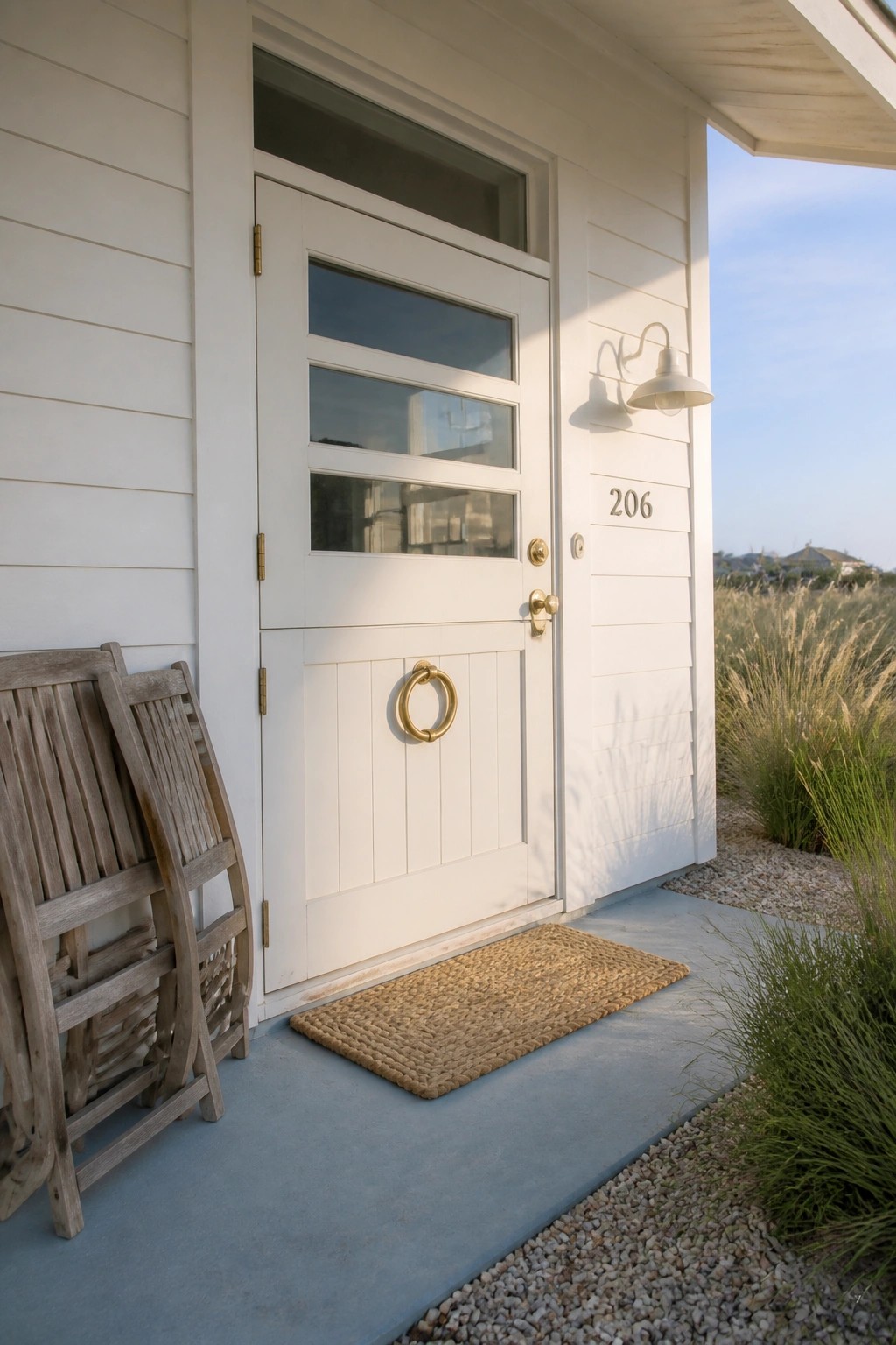 A white front door with three horizontal glass panels and a large brass ring pull on a light-colored house exterior.
