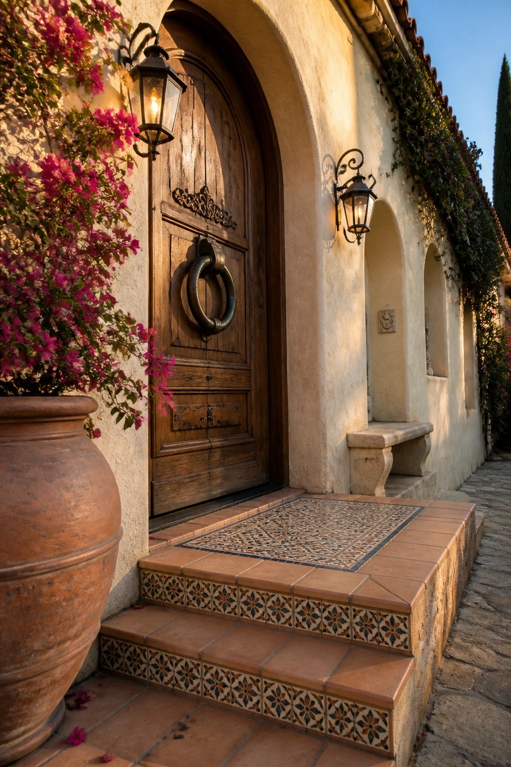 A large wooden front door with a prominent metal ring knocker sits inside a stucco arch, with tiled steps leading up to it and lanterns mounted on the wall.