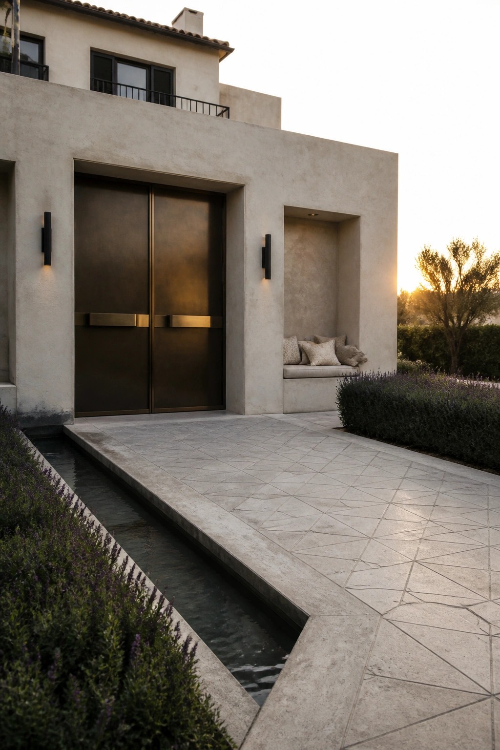 Modern stucco entrance with bronze double doors, water channel, and cushioned seating nook at sunset.