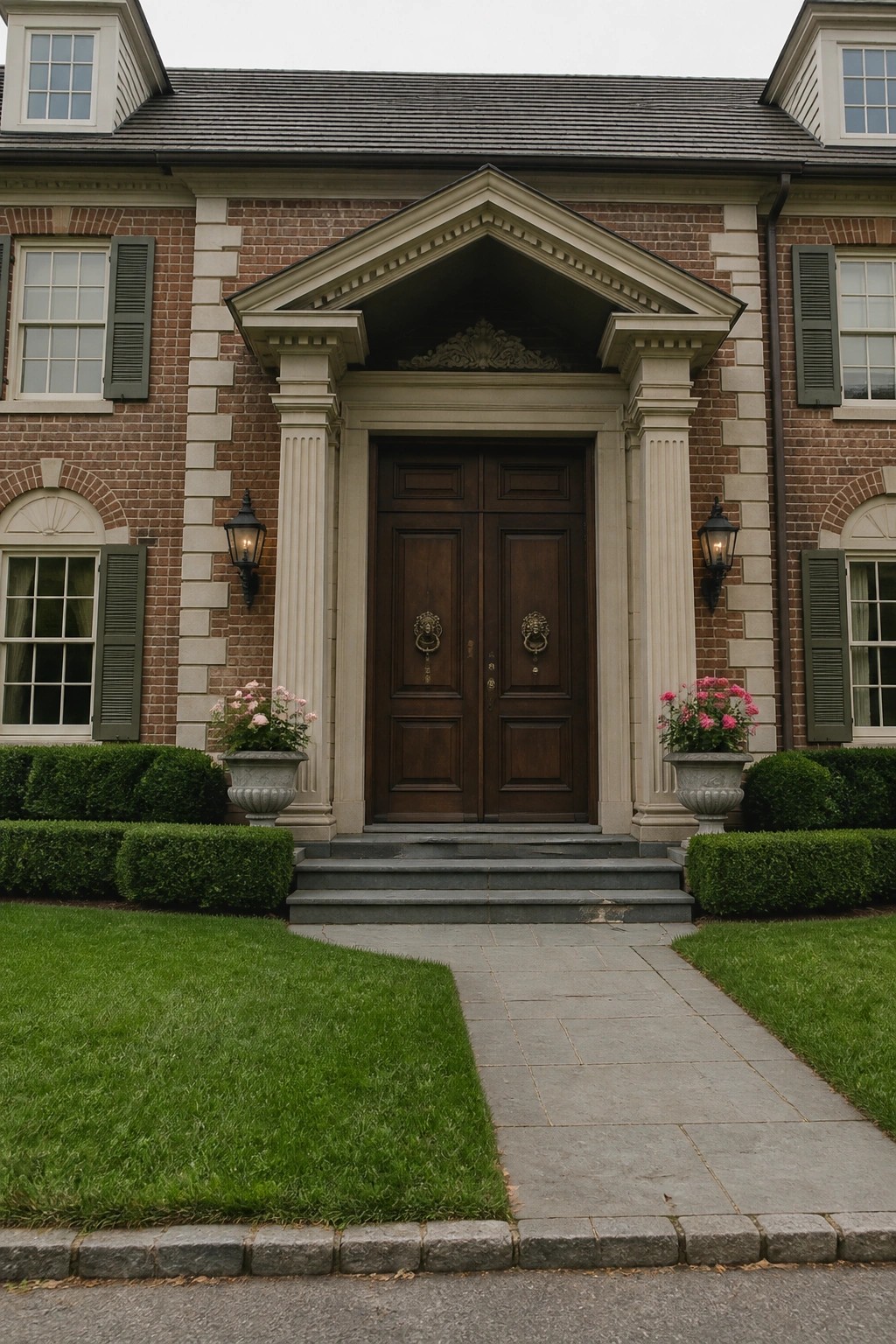 Brick house entrance with dark wooden double doors, columns, and pink flower pots