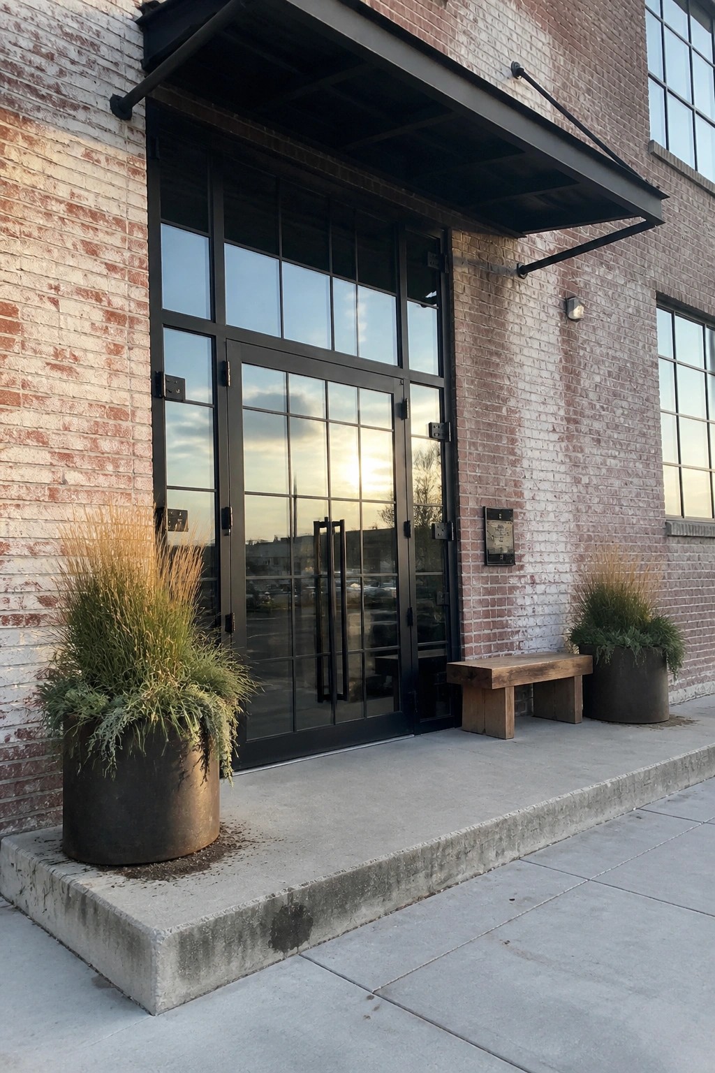 Large black double doors with grid glass and metal handles sit under a dark awning on a whitewashed brick building, flanked by two round planters.
