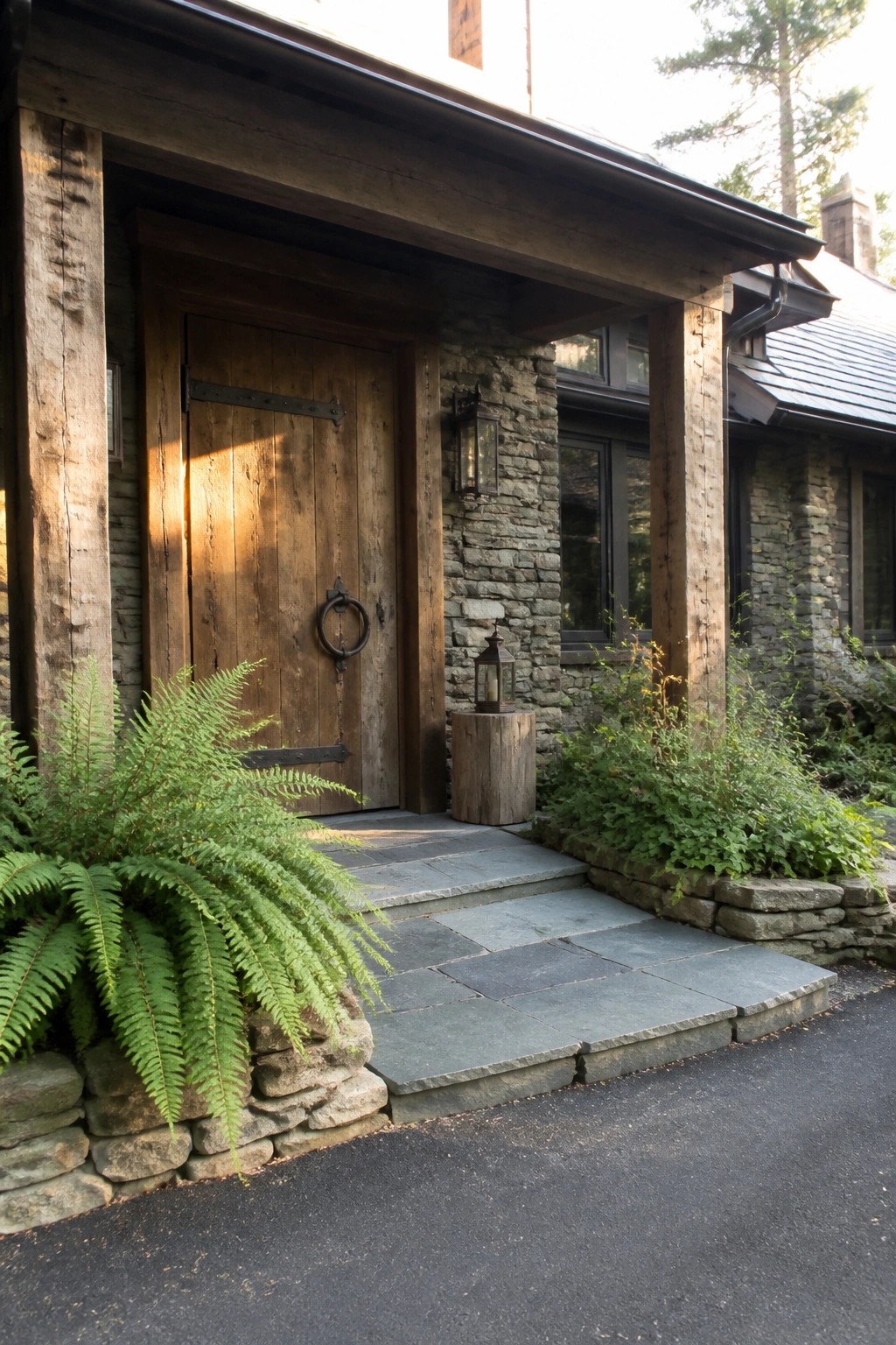 A large wooden front door with black metal hinges and a round ring pull on a stone house entrance with ferns and slate steps.