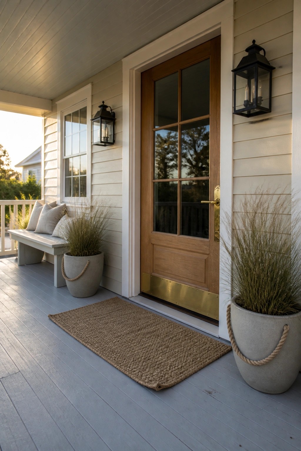 A wooden front door with glass panes and brass hardware on a white-sided house porch, flanked by two large potted grasses and black wall lanterns.