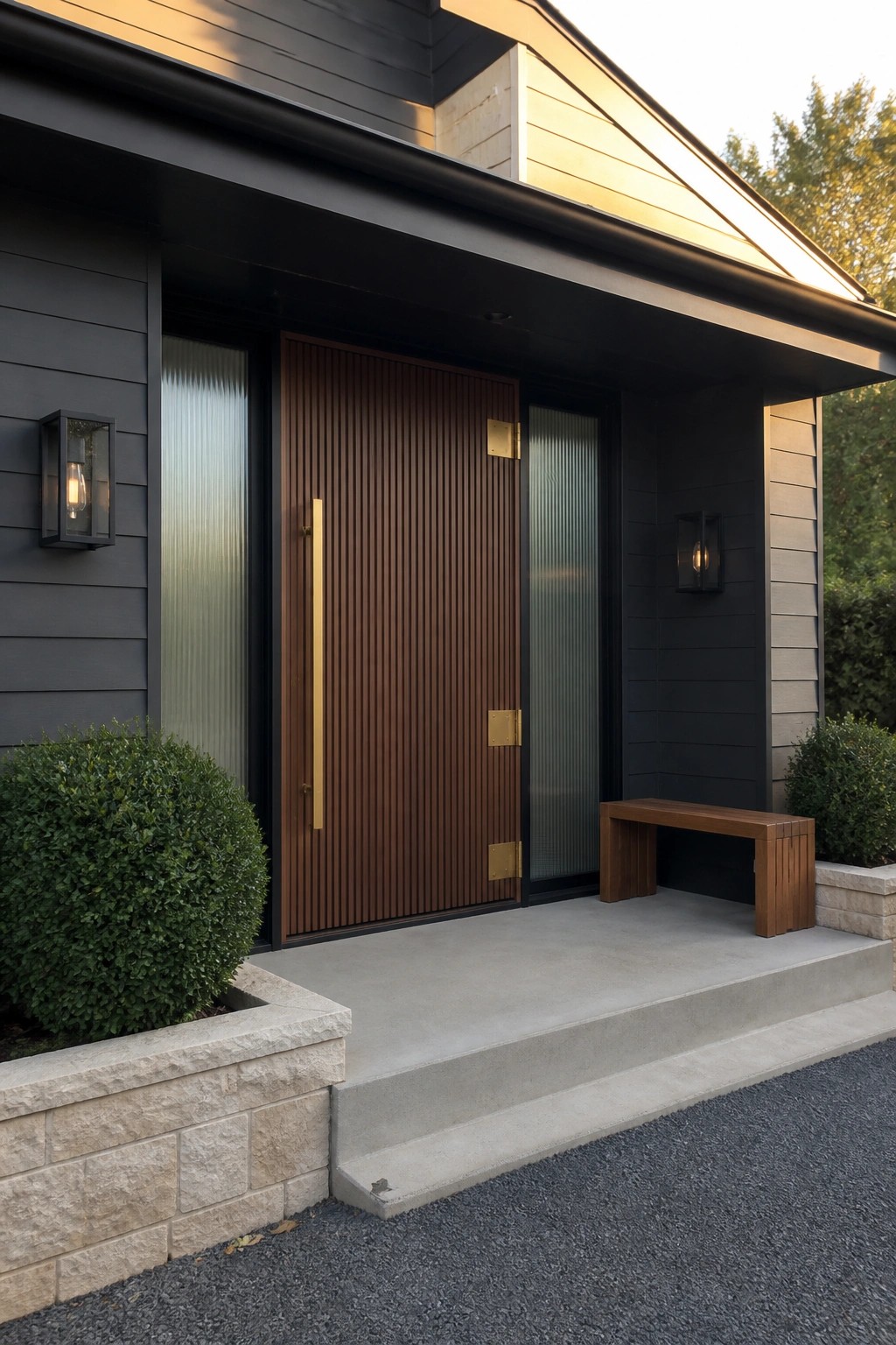 A front entrance with a tall vertical-groove wood door featuring a long gold handle and brass hinges, set between fluted glass sidelights on a dark house with a concrete step and wooden bench.