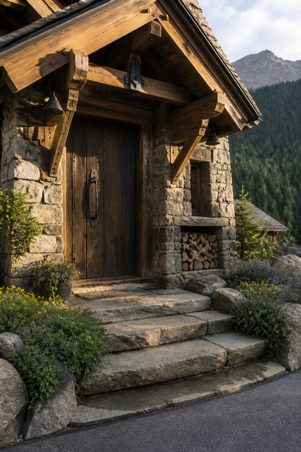 A large wooden front door with black metal hardware set into a stone facade with steps leading up to it.
