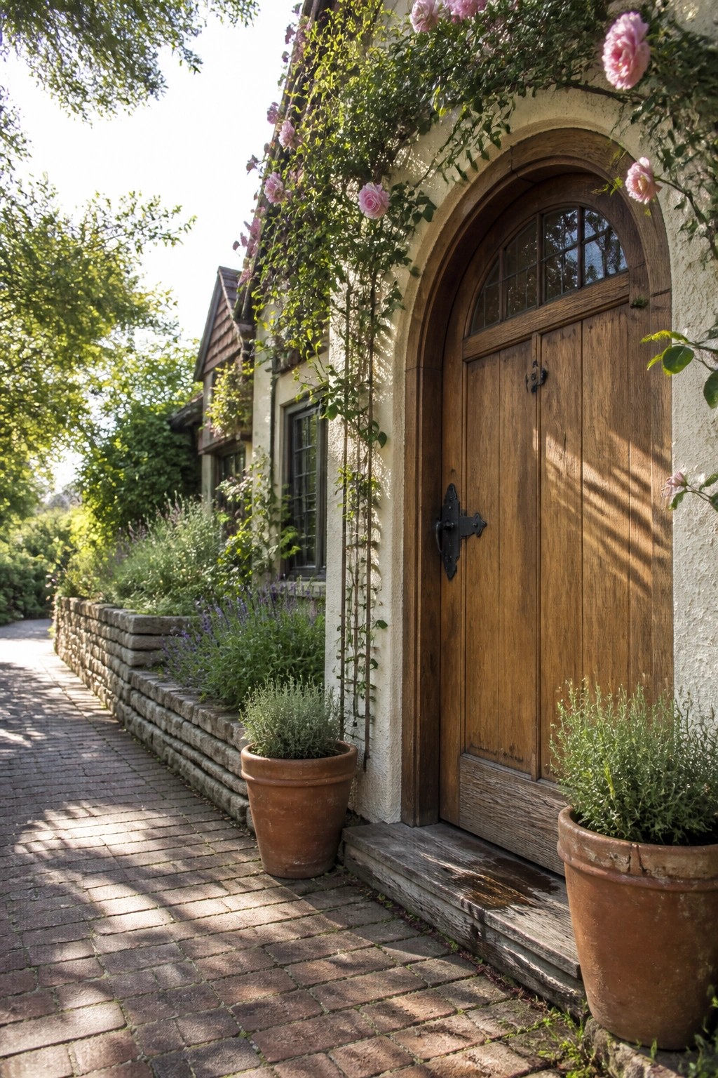 A large wooden front door with black metal hardware in an arched entryway, flanked by terracotta pots and climbing pink roses on a house exterior.