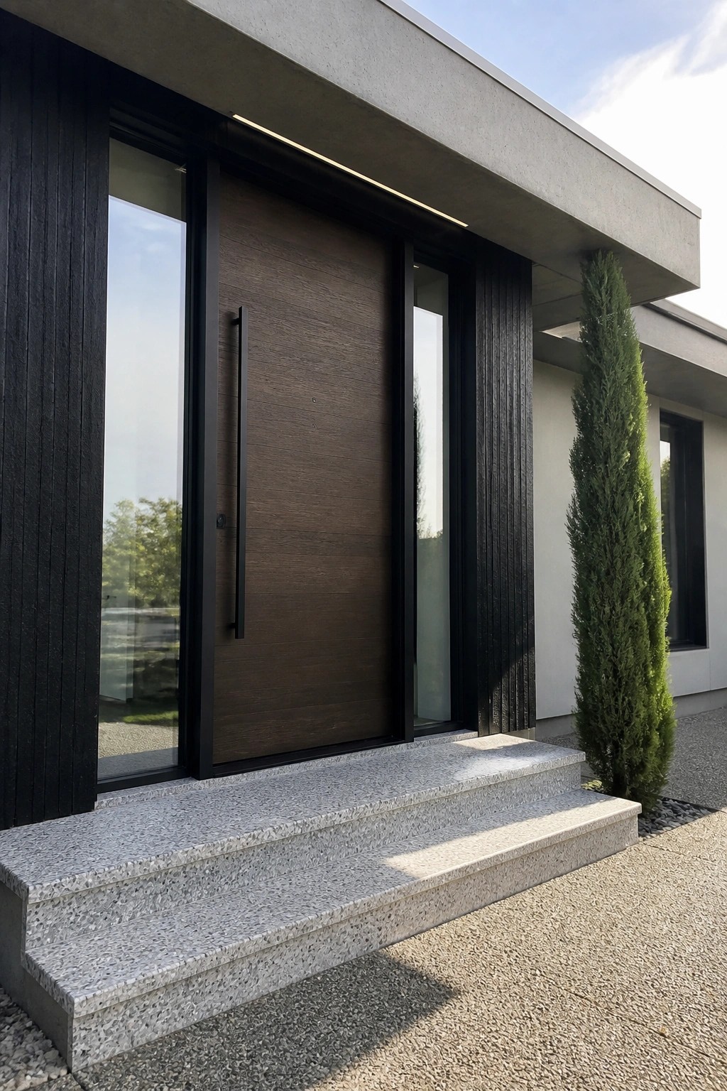 A modern house entrance shows a large dark wood front door with a tall black vertical handle, set between narrow glass sidelights and reached by three concrete steps.