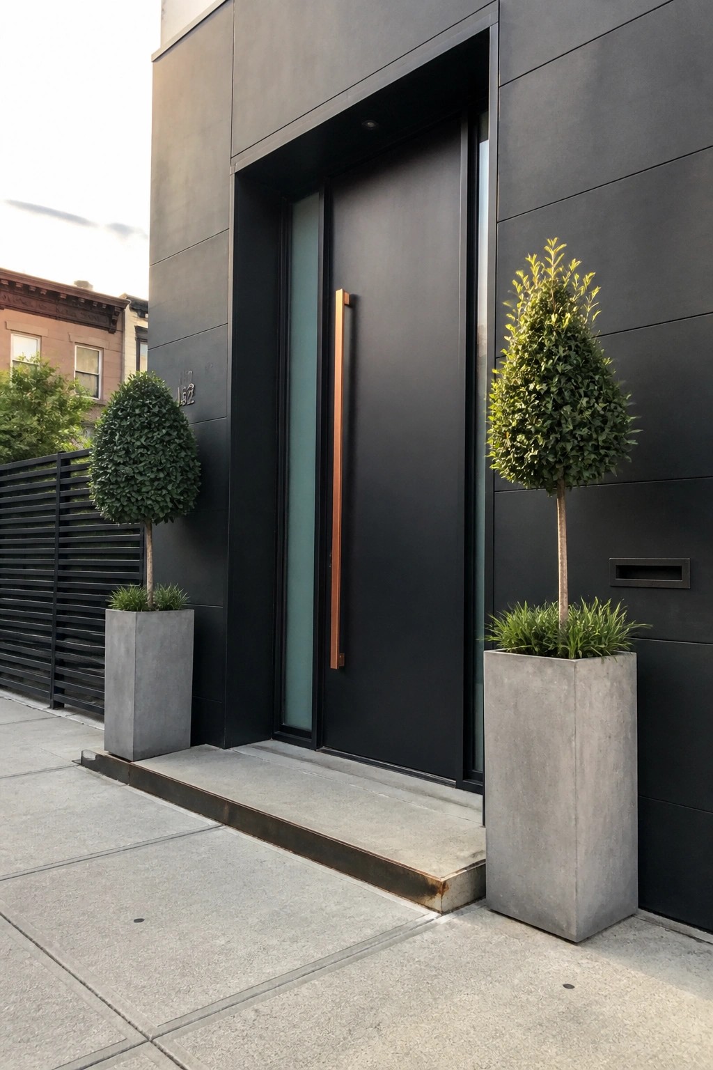 A black modern front door with a long vertical copper handle set in a dark facade, flanked by two concrete planters holding shaped shrubs.