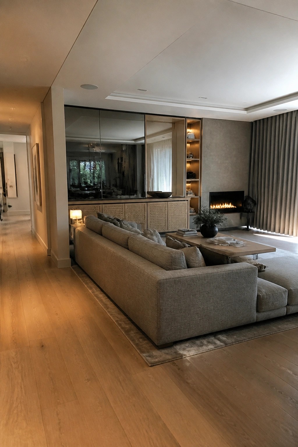 A spacious modern living room with a large sectional sofa, coffee table, and a wall of mirrored built-in cabinetry beside a fireplace.
