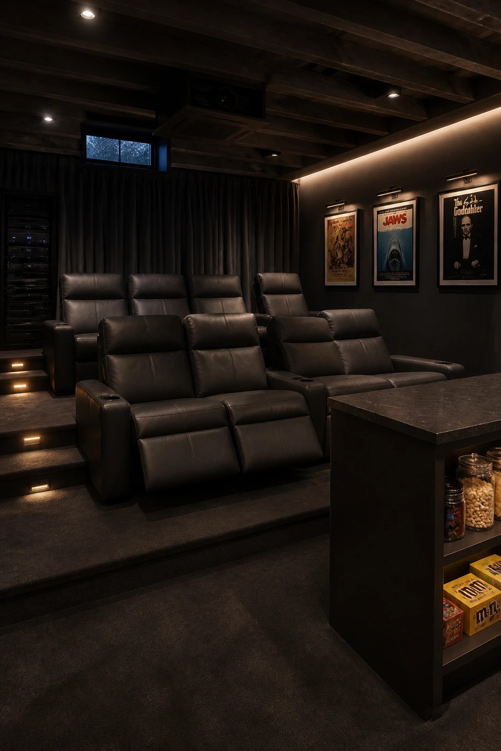 A home cinema with rows of black leather recliners on a raised platform, a ceiling-mounted projector, movie posters on the dark walls, and a snack counter on the right.