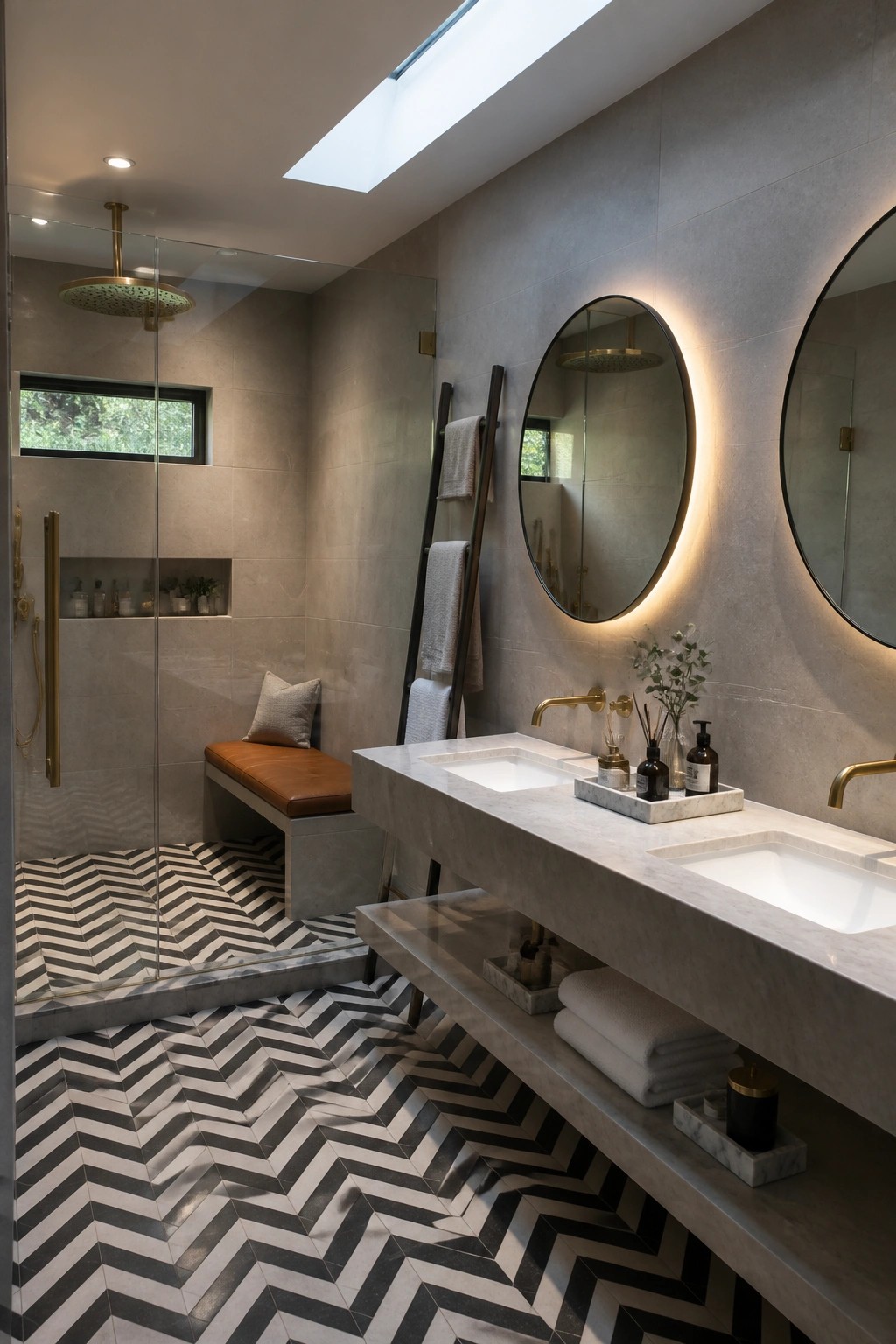 A modern bathroom with a glass-enclosed shower featuring a ceiling-mounted rain showerhead, built-in bench with cushion, herringbone tile floor, and a long marble double vanity with round backlit mirrors.