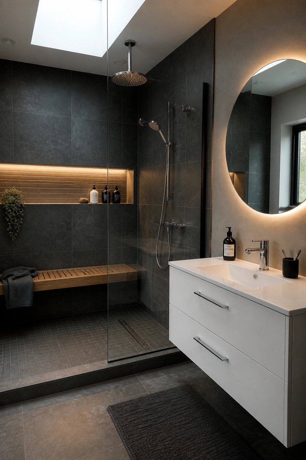 A modern bathroom with a dark tiled walk-in shower featuring a ceiling-mounted rain showerhead, wooden bench, and recessed niche, next to a white floating vanity with round backlit mirror.