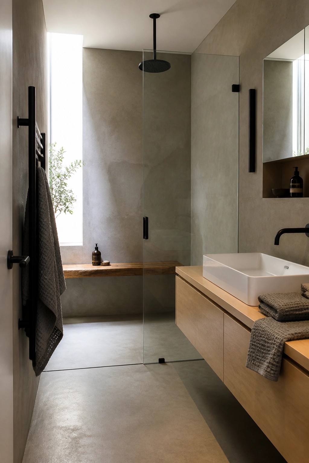 Modern minimalist bathroom with concrete walls, floating wooden vanity, white sink, and glass shower.