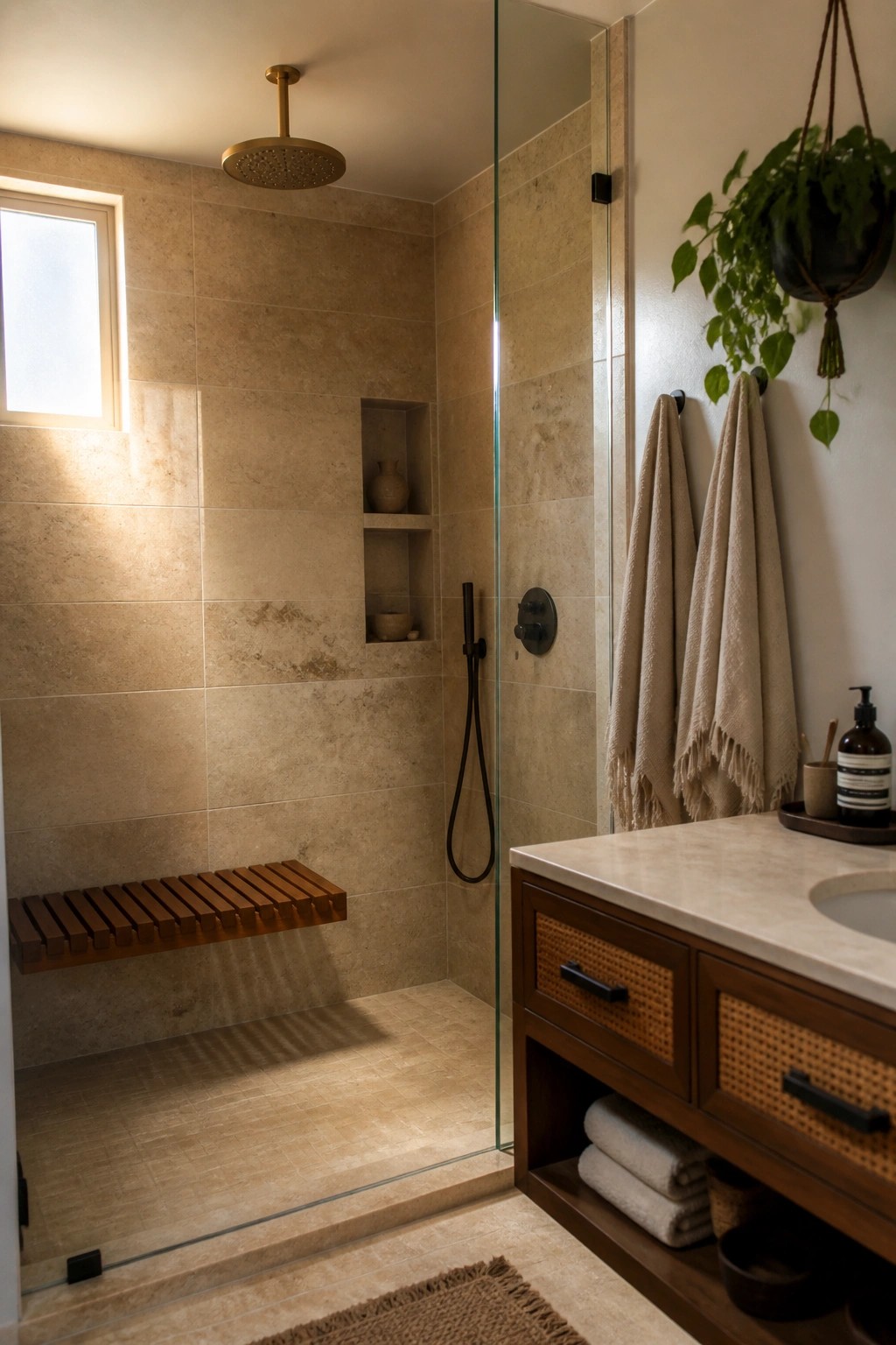 A bathroom shower area with beige stone tiles, a ceiling mounted brass rain showerhead, a wooden bench, built-in niches, and a glass door next to a wooden vanity.