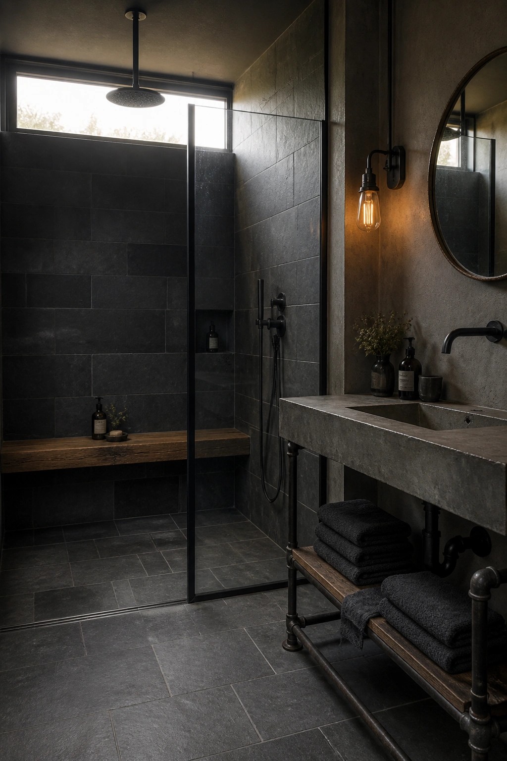 A modern bathroom with dark gray tiled walls, a glass-enclosed shower area, and a ceiling-mounted rain showerhead above a wooden bench.