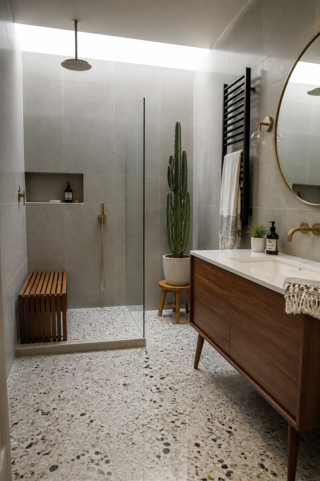 Modern bathroom with terrazzo floor, wooden vanity, glass shower, and potted cactus.