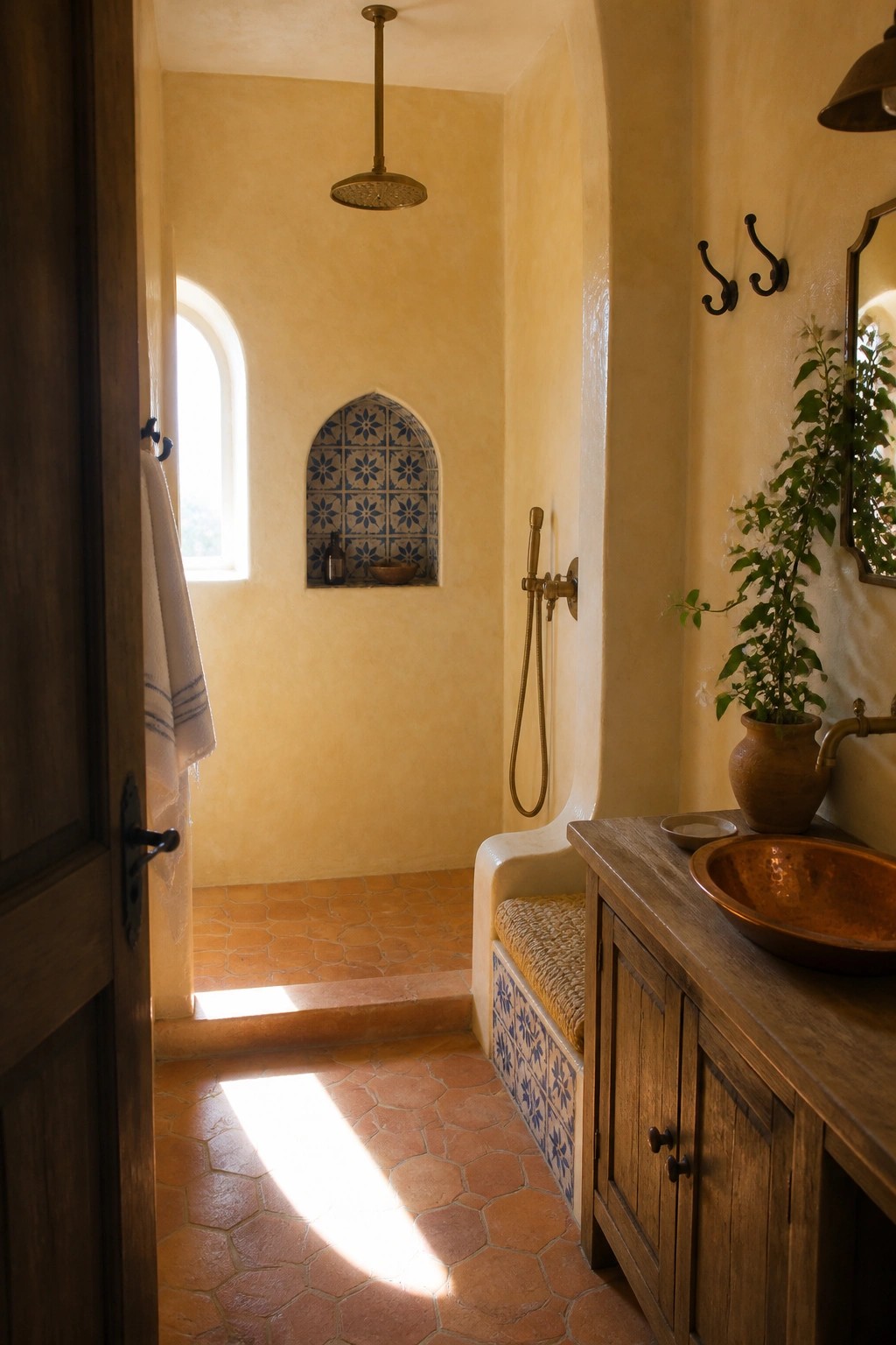 Rustic bathroom with terracotta tiles, copper sink, wooden vanity, and tiled shower niche.