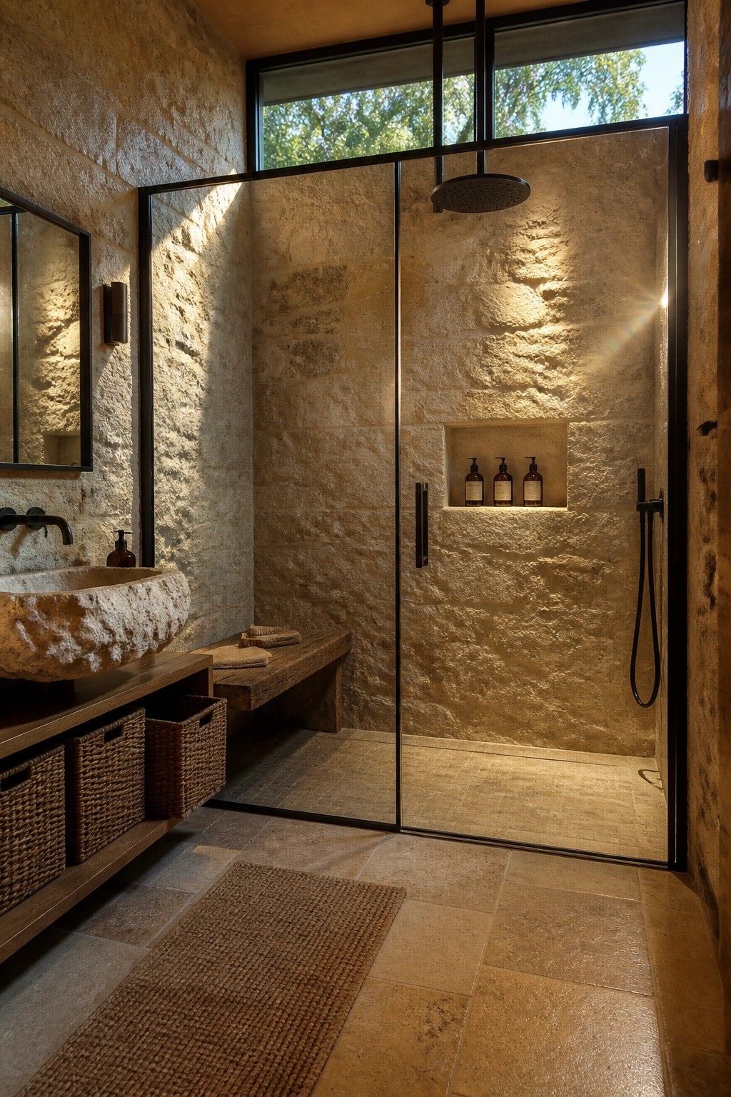 A modern bathroom shower enclosed in rough stone with a black framed glass door, ceiling mounted rain showerhead, and a recessed niche holding three bottles.
