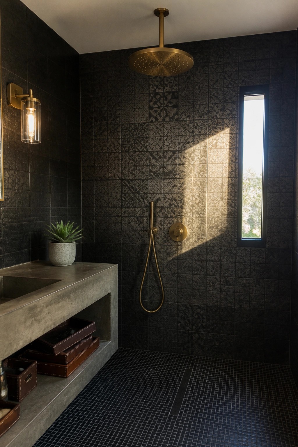 A bathroom shower area with dark patterned tiles, a brass ceiling-mounted rain showerhead, a handheld wand, a wall sconce, and a concrete vanity with storage.