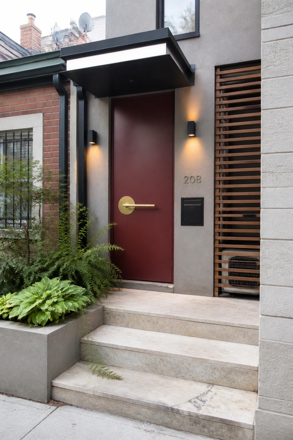 Modern red door with gold handle, black awning, and concrete steps at entrance.