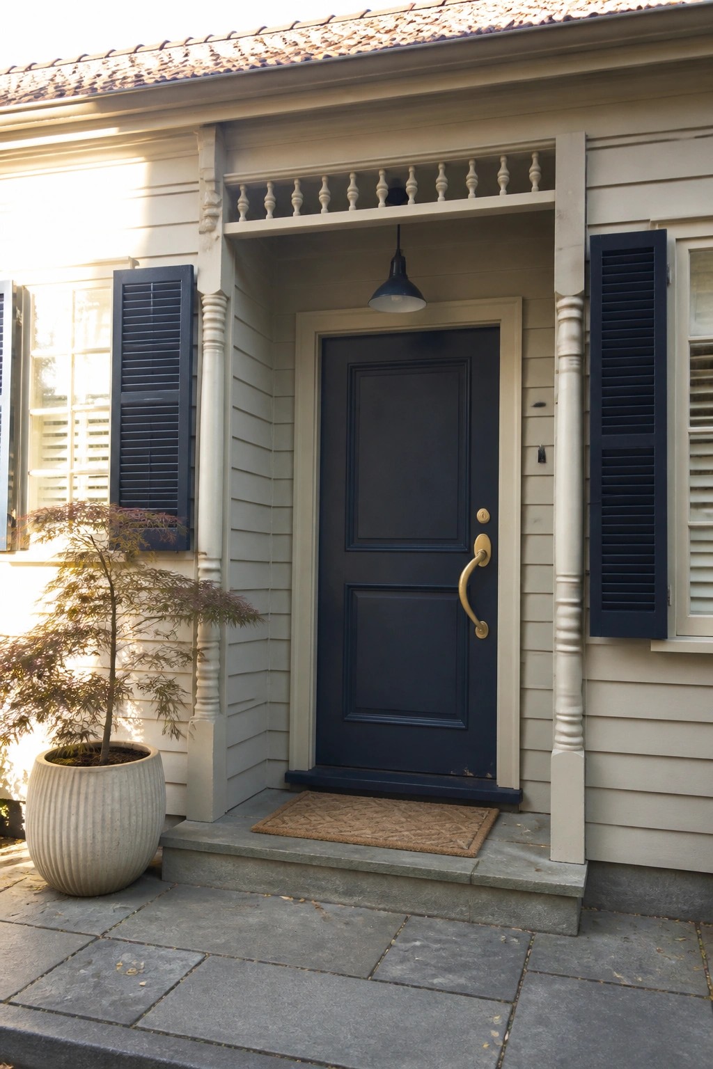 Navy blue door with brass handle on gray house with potted plant and doormat