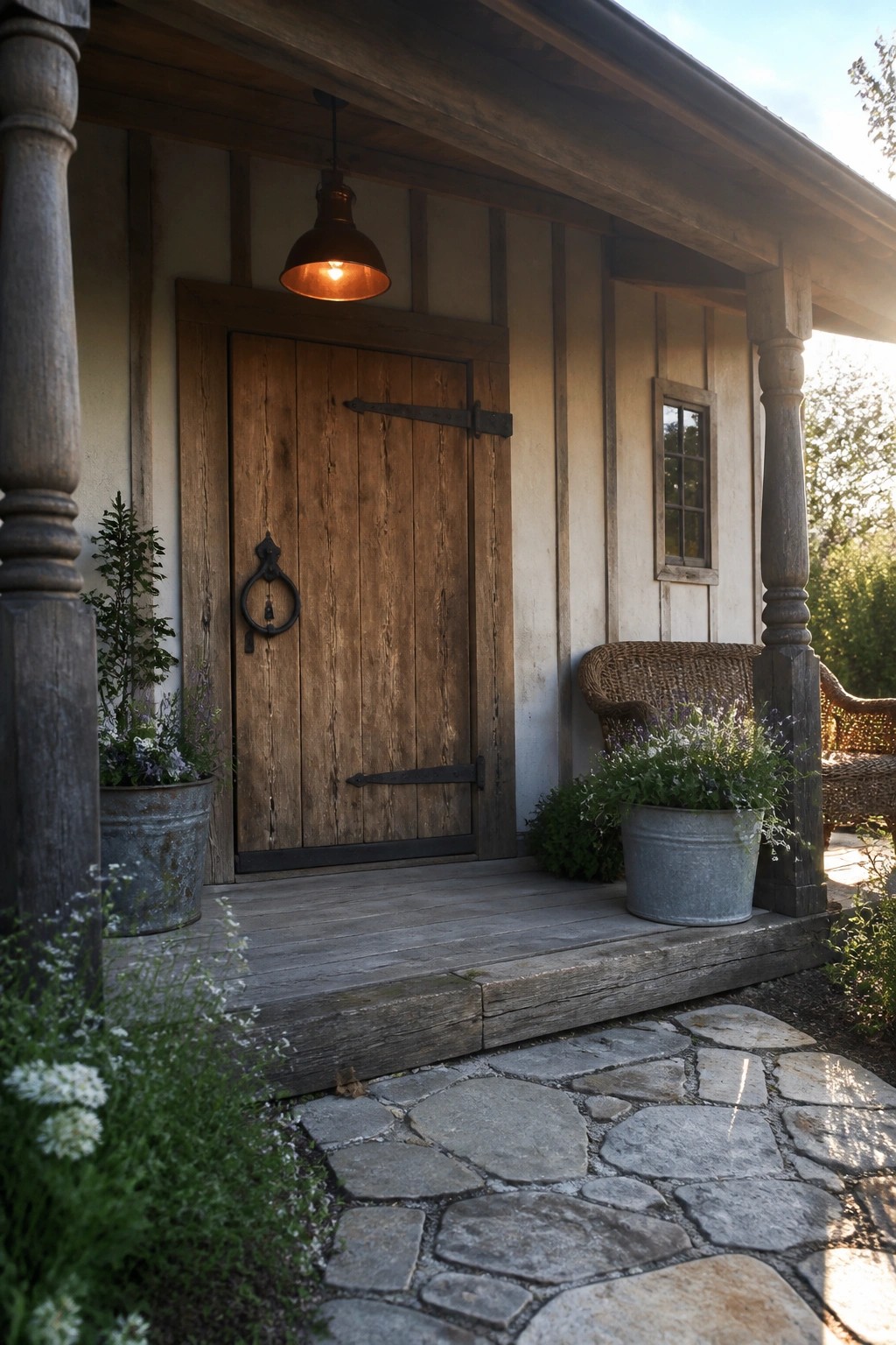 A wooden single door with black metal hinges and a ring pull handle on a house porch next to a stone pathway.