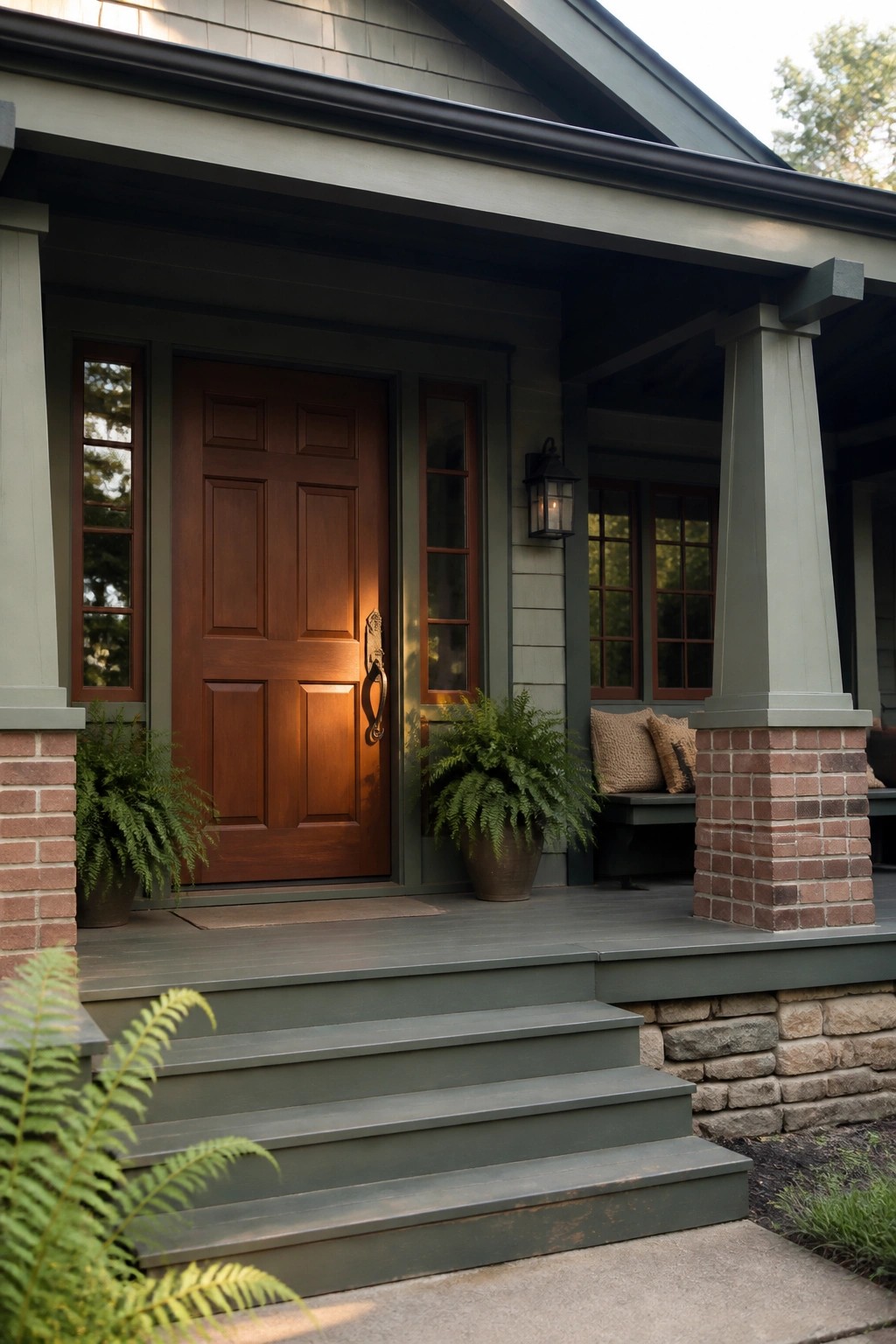 Green porch with brown wooden door, brick pillars, potted ferns, and stone steps.