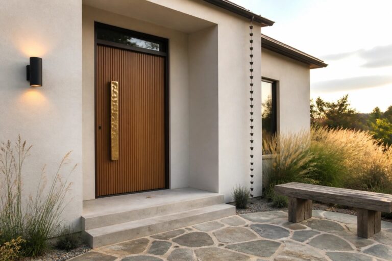 Modern wooden door with gold handle, concrete steps, stone path, and rain chain