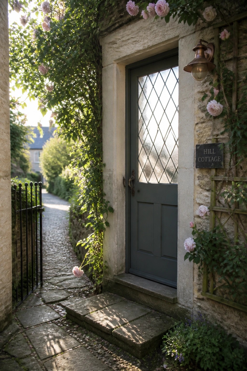 A dark gray single door with diamond glass panes set in light stone, surrounded by climbing pink roses, a wall lantern, and a stone path leading to an open gate.