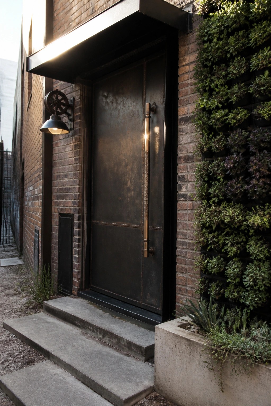 A dark metal single door with a long bronze handle on a brick building next to a vertical garden.