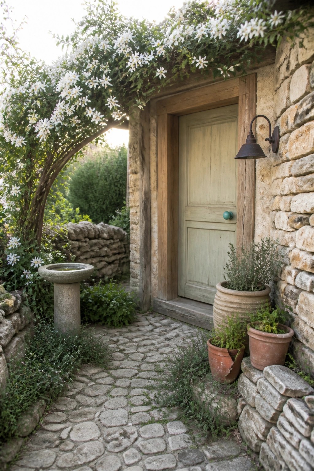 Rustic stone cottage entrance with green door, white flowers, and potted plants on cobblestone path.
