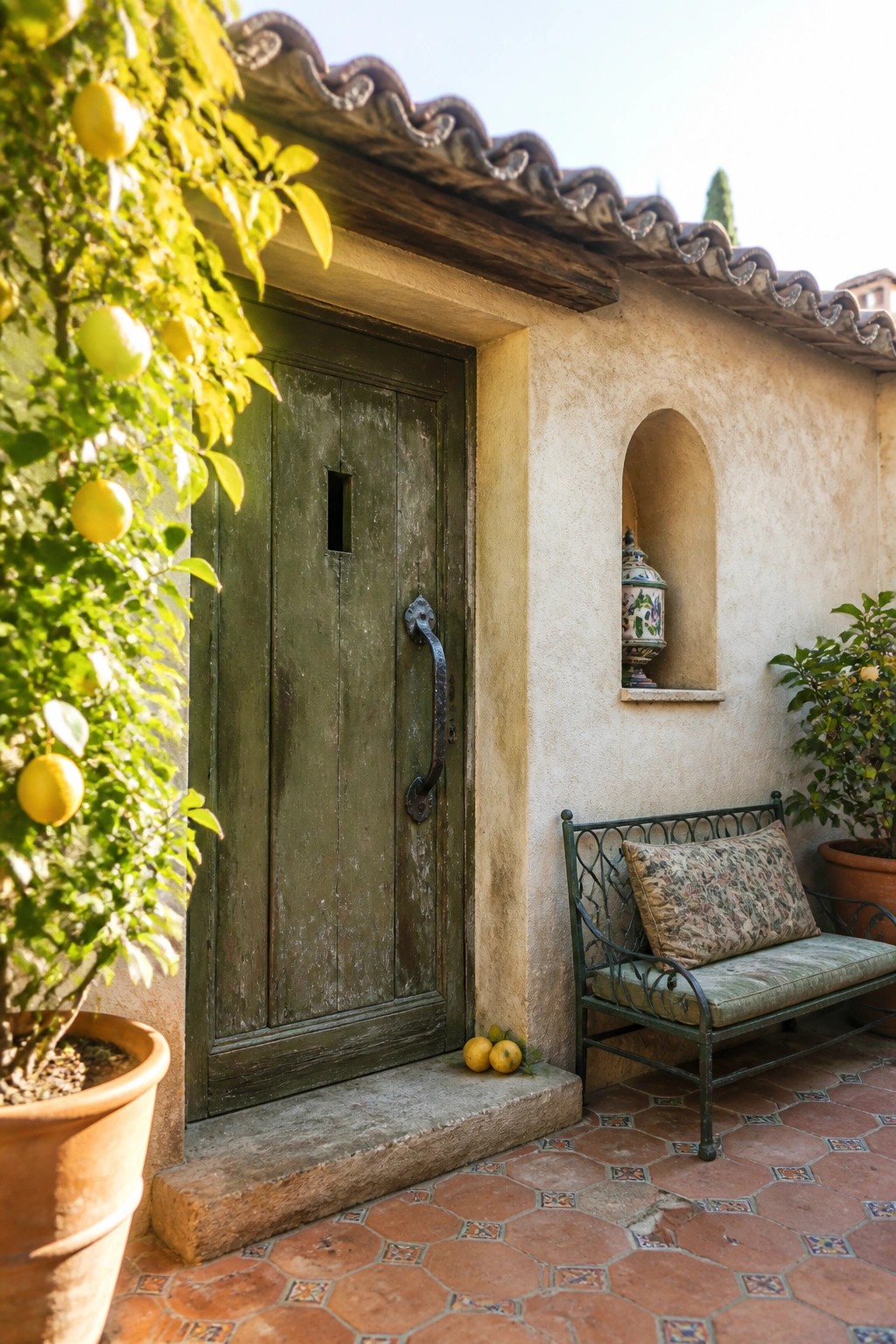 Weathered green door beside potted lemon tree, bench, and tiled courtyard floor