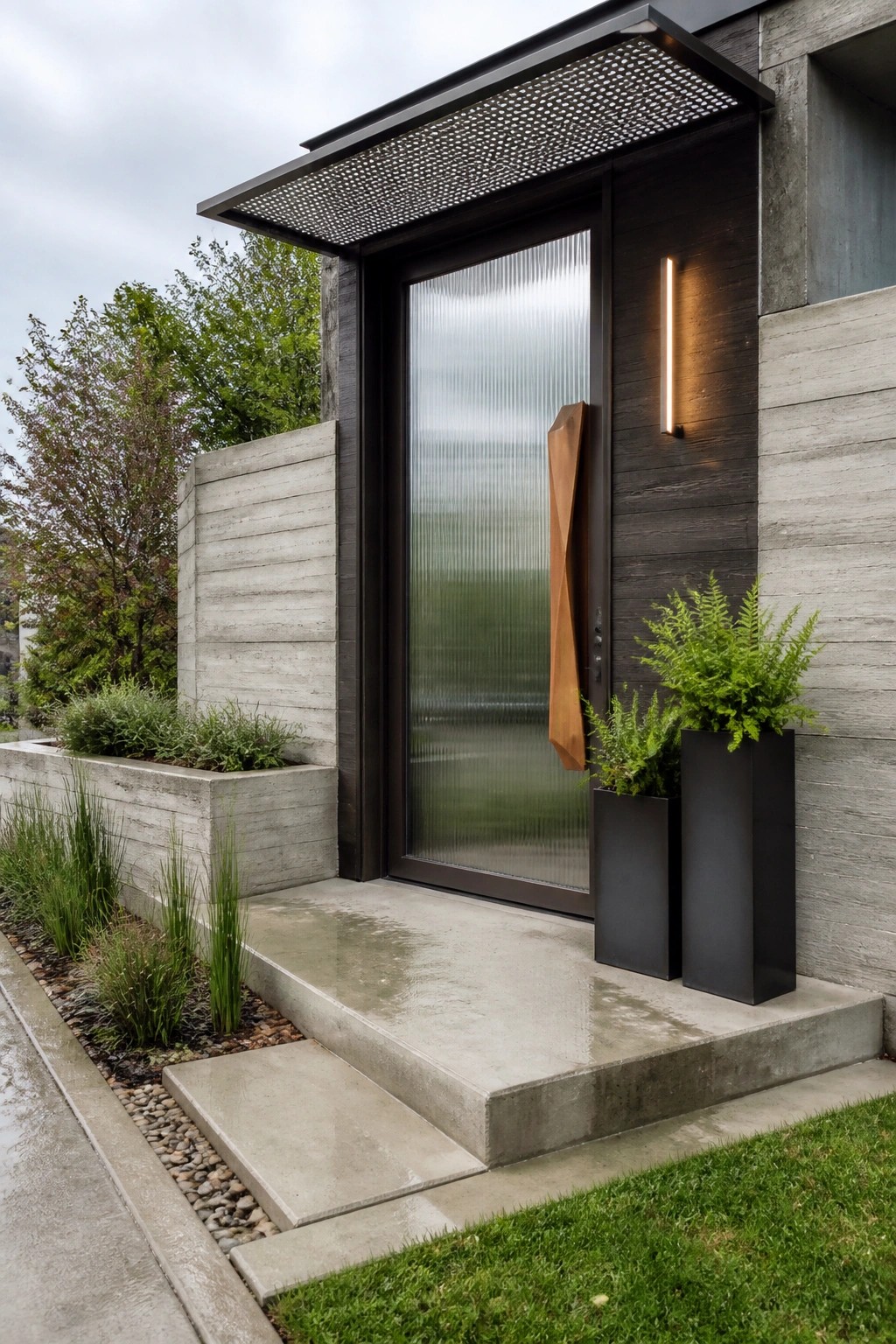 A modern single door with a large twisted bronze handle on a ribbed glass panel, set within a dark wood and concrete facade beside two tall black planters with ferns.