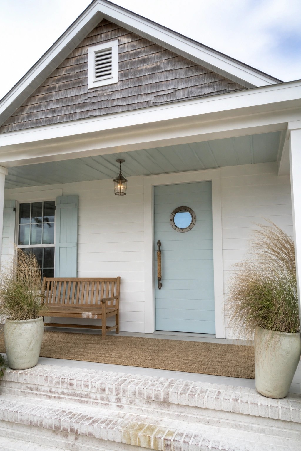 White cottage porch with light blue door, wooden bench, and potted grasses on brick steps