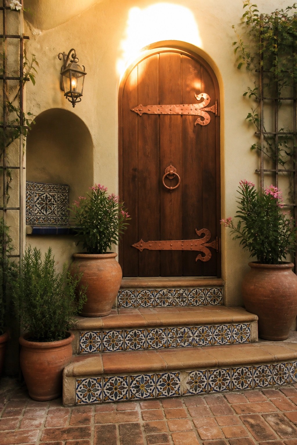 Arched wooden door with copper hardware on colorful tiled steps flanked by potted plants.