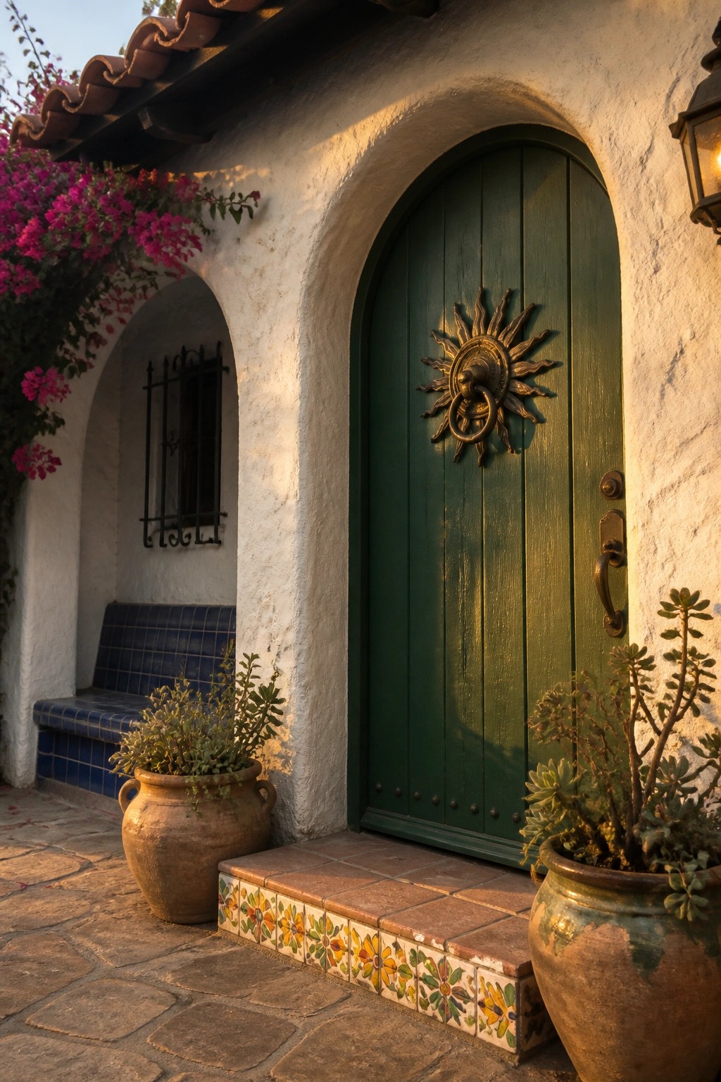 A green arched wooden door with a large sunburst door knocker set in a white stucco entryway, with potted plants on tiled steps.