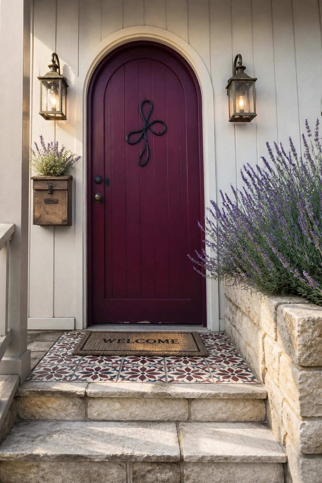 A purple arched front door with black sculptural looped hardware, two wall lanterns, a welcome mat, and lavender plants on either side of stone steps.