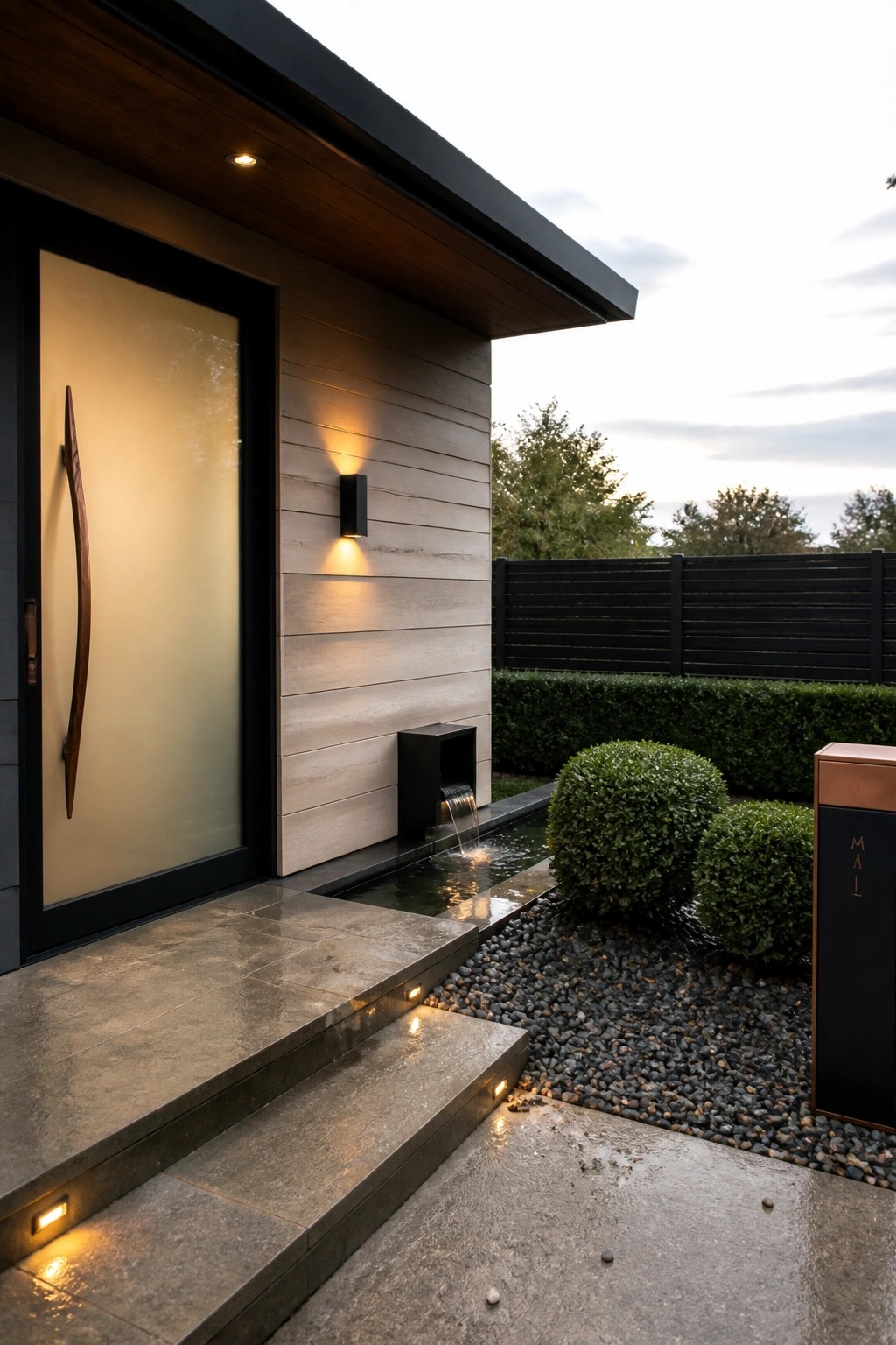 Modern house exterior showing a single door with a tall curved wooden handle, lit steps, and a small water feature beside the entry.