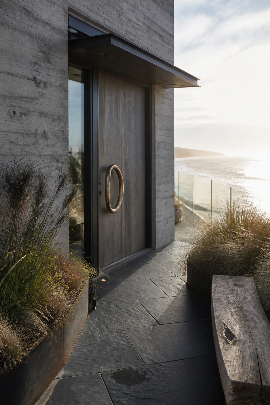 A wooden front door with a large oval metal handle installed in a concrete exterior wall next to a stone walkway.