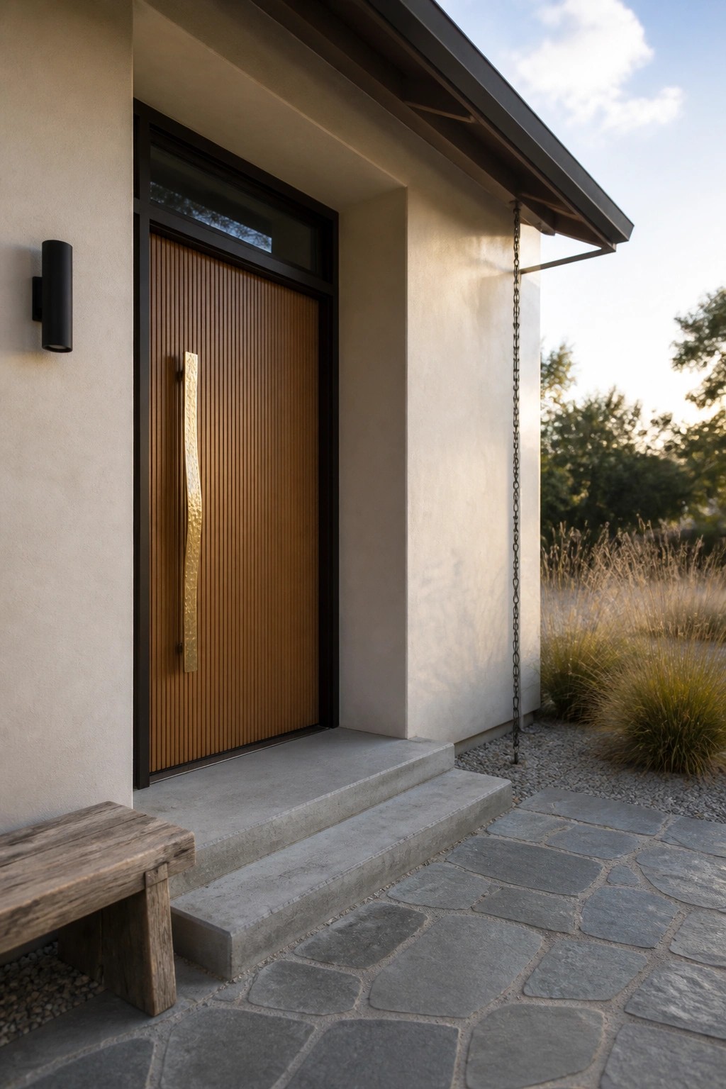Modern wooden door with gold handle, concrete steps, stone path, and rain chain