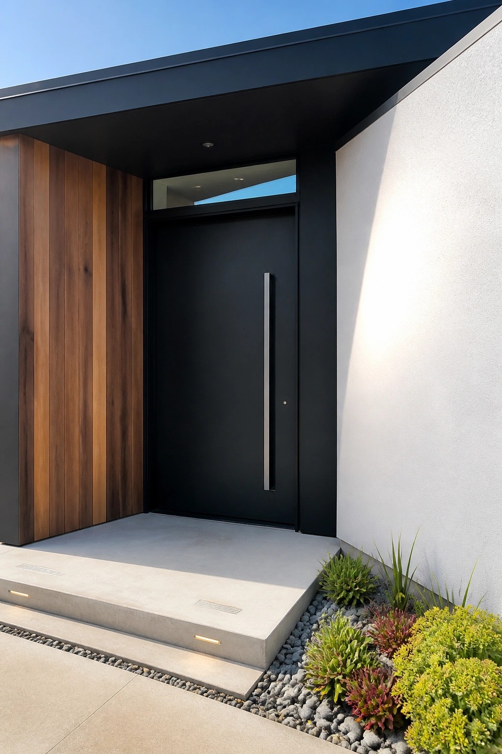 A black modern front door with a tall vertical silver handle, set in a recessed entry with vertical wood siding on the left and concrete steps with gravel and plants on the right.