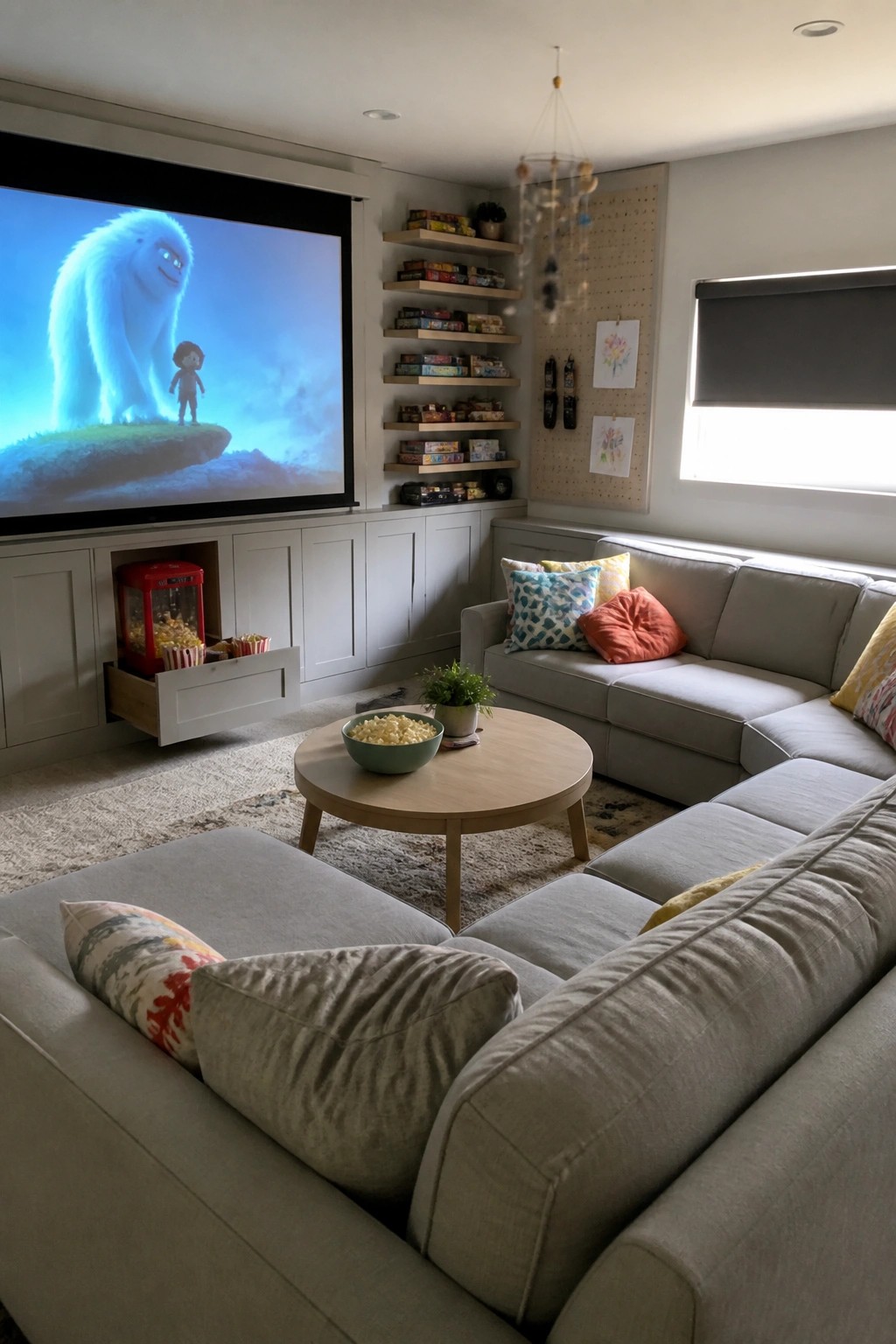 A home cinema room with a large projection screen, white built-in cabinets below it including a red popcorn machine in a drawer, and a gray sectional sofa with a round coffee table.