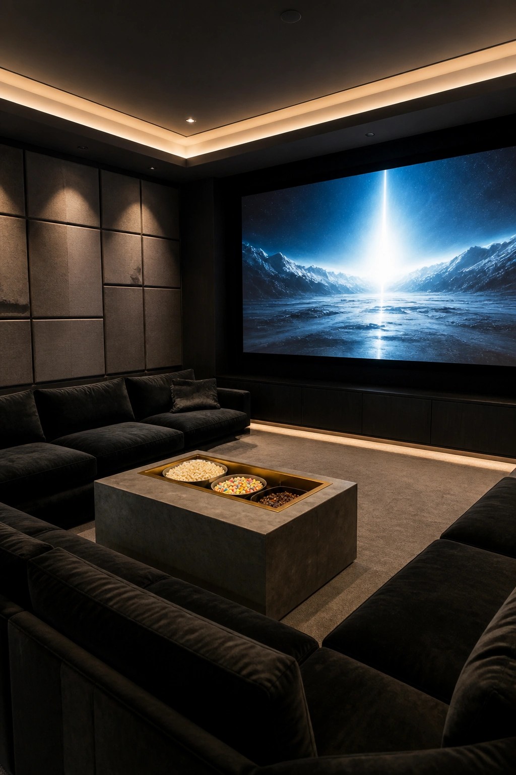 Dark home theater with black sofas, snack-filled concrete table, and mountain screen.